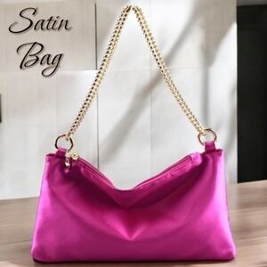 Hot Pink Satin Evening Clutch/Purse/Bag w/Detachable Gold Chain Strap NWT